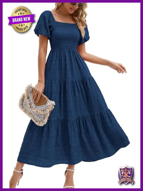 Dresses & Skirts - Puff Short Sleeve Maxi Dress Square Neck Smocked Tiered Ruffle A Line Long